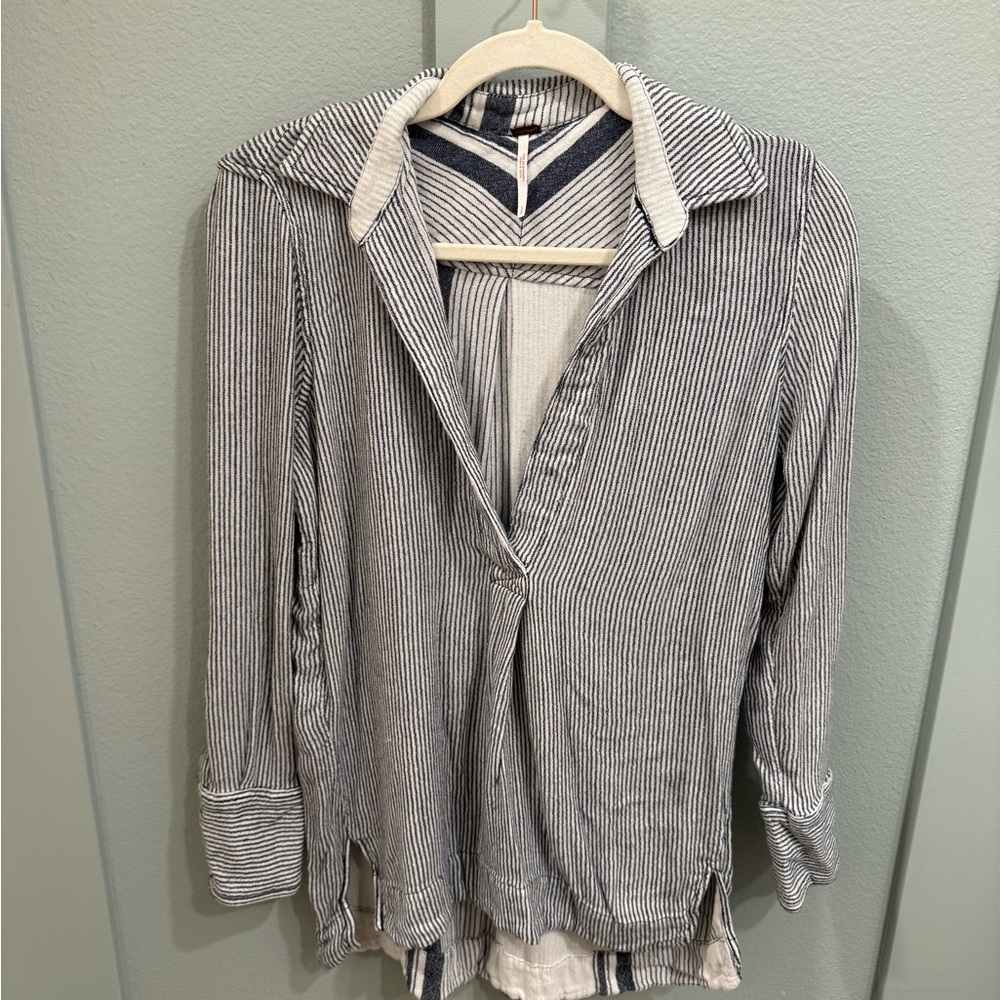 Free People Striped Lightweight Button-Front Shirt - Navy & White
